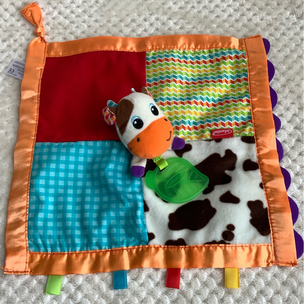 Infantino Plush Cow Lovey w Leaf Teether Security Blanket Crinkle Ears